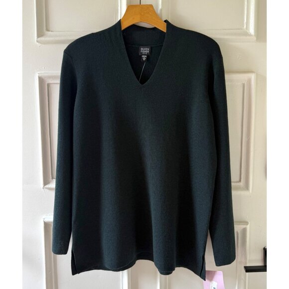 Eileen Fisher Womens Wool Sweater Size Petite Large Rainforest Green V Neck - Picture 1 of 10